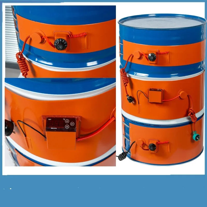 Silicone rubber heating belt wrapped around a 200-litre oil drum with a digital control unit.
