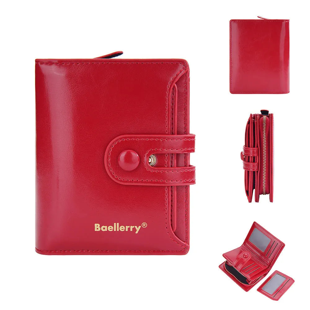 Women's PU leather card holder wallet shown in multiple colour options including black, pink, and blue.
