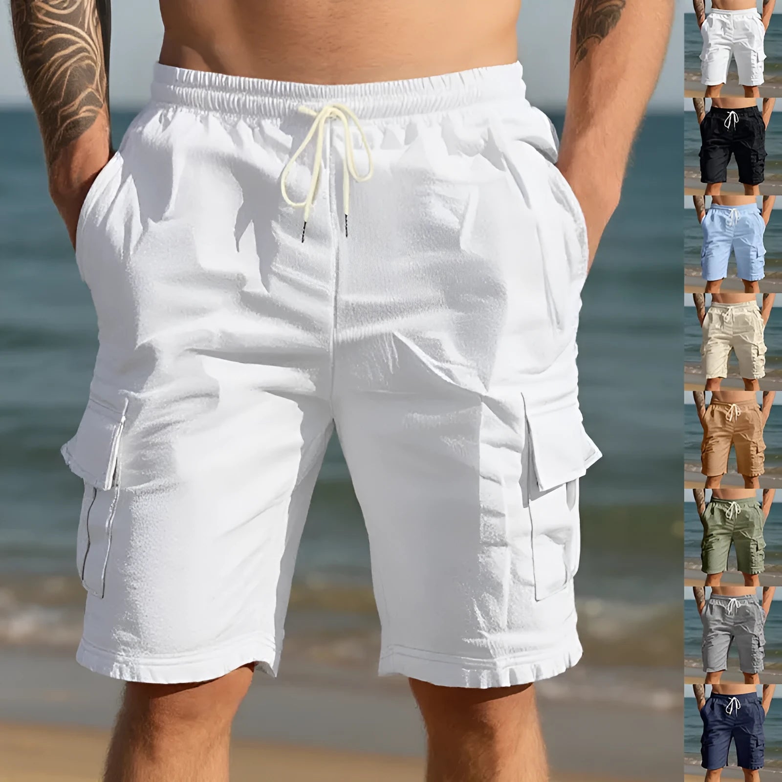 Men's air-permeable cotton and linen blend loose multi-pocket casual shorts in light blue