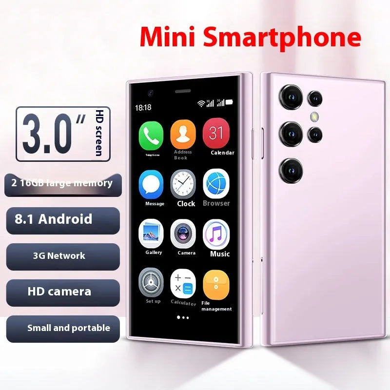 Black mini Android smartphone with 30cm screen showing home screen interface