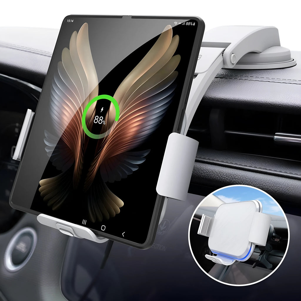 Grey and white wireless charging car phone holder with folding screen and both vent clip and suction cup mounting accessories