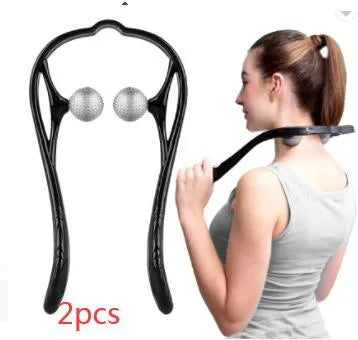 Blue plastic swan-shaped neck massager with hand roller and adjustable stand on a white background