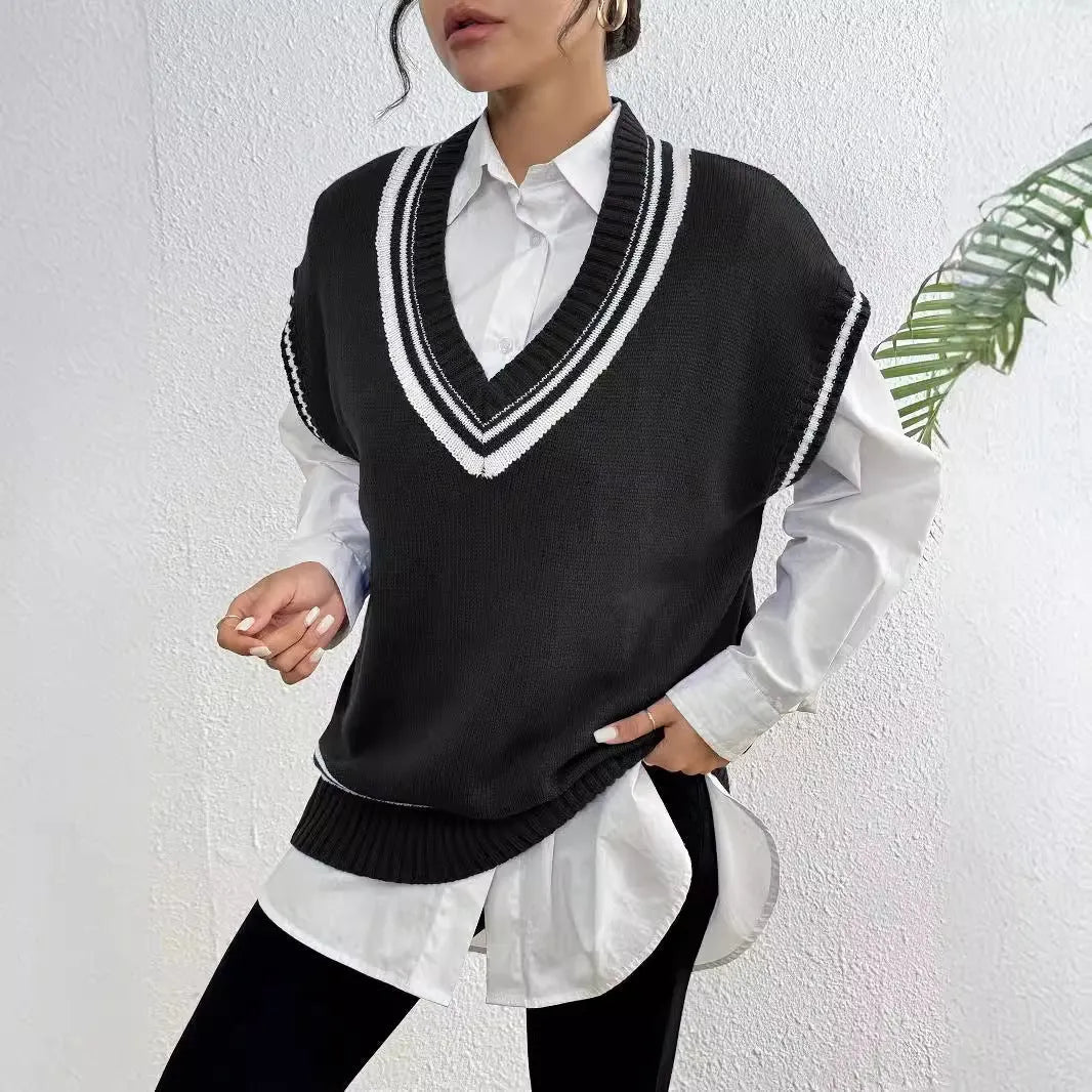 Women's loose-fit college-style pullover vest jumper in black, blue, or coffee colour.