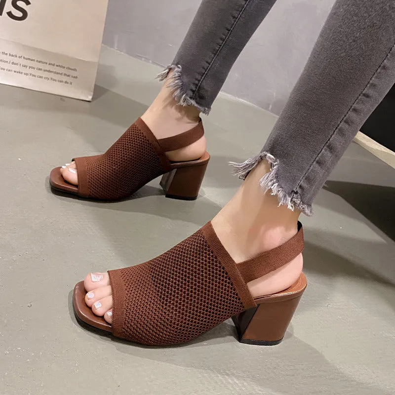 Women's chunky heel sandals in black woven mesh with square toe and rubber sole