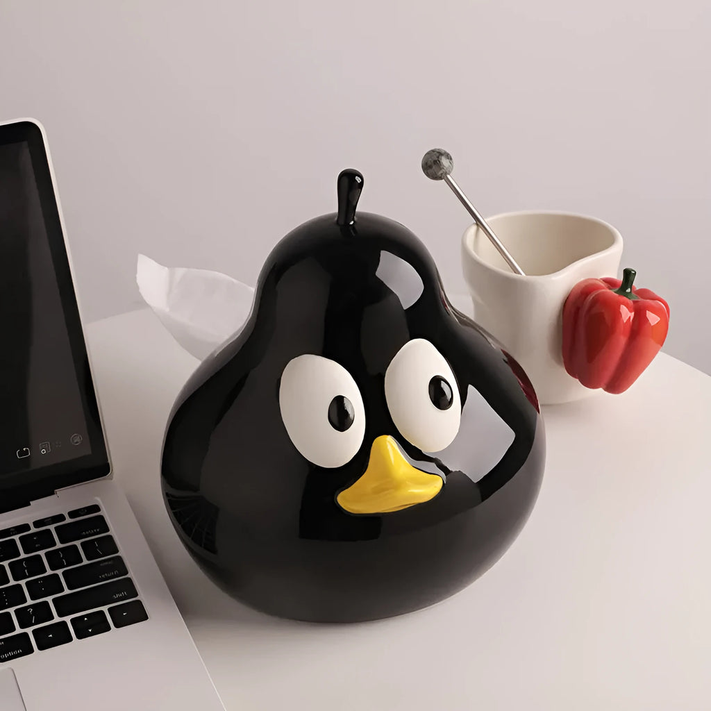 White ceramic pear shaped tissue box holder with cute animal design in green colour option