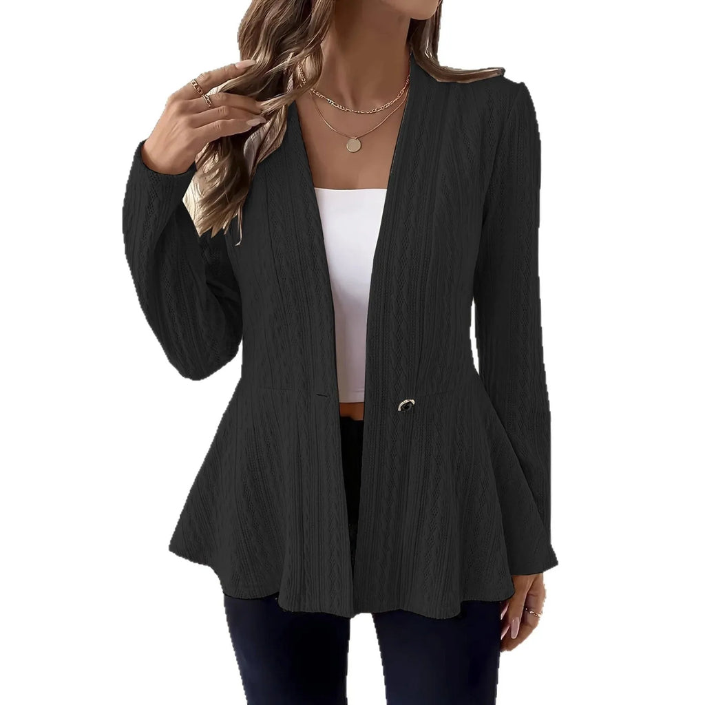 Women's apricot Jacquard knitted cardigan with a single button and long sleeves, laid flat.