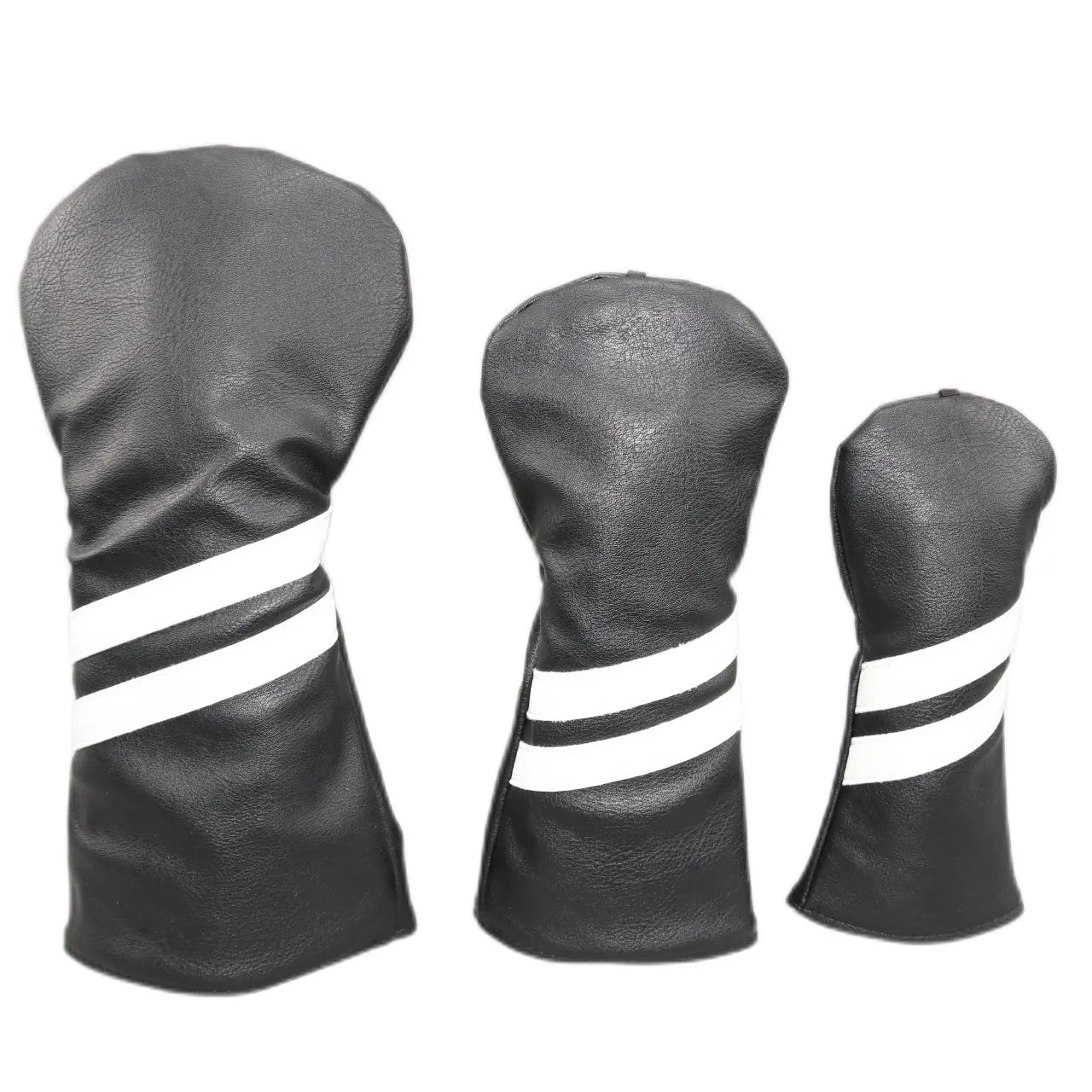 Blue golf club head cover with two white diagonal stripes, shown alongside red and black versions.