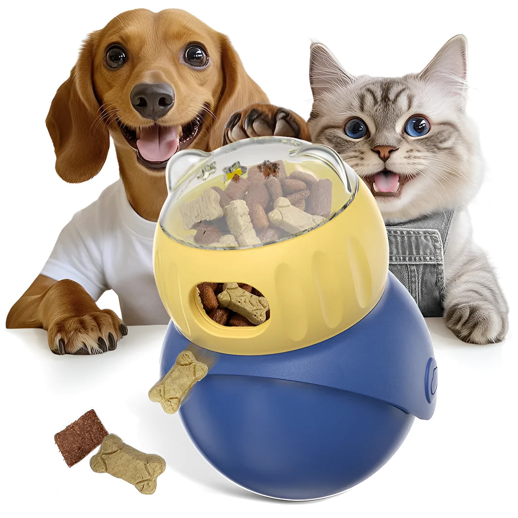 Yellow and blue owl-shaped plastic cat puzzle feeder with a food tumbler mechanism.