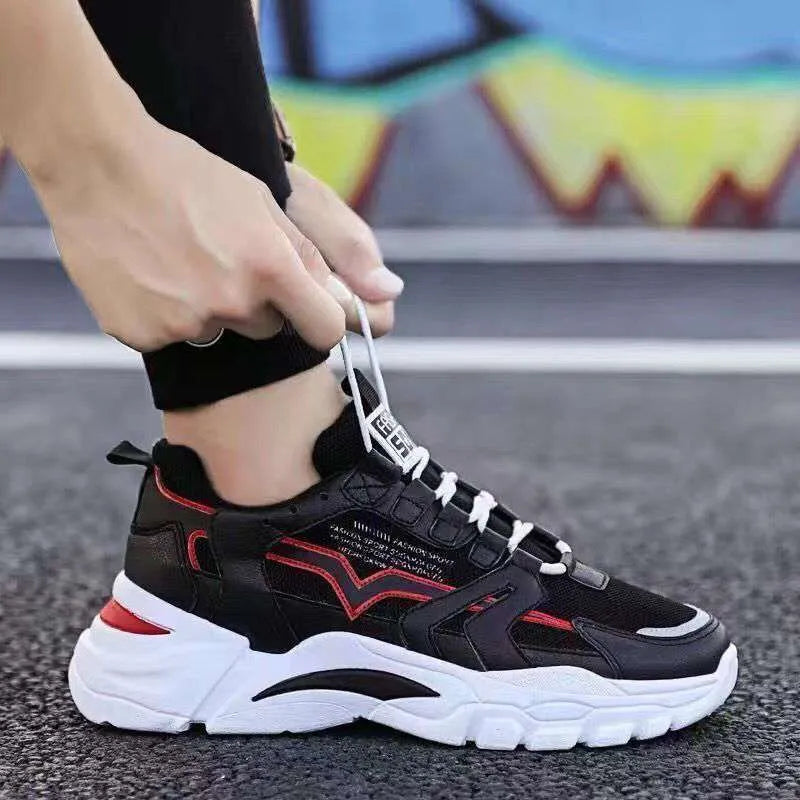 All-match platform running sneakers all black round toe PU upper men's trainers