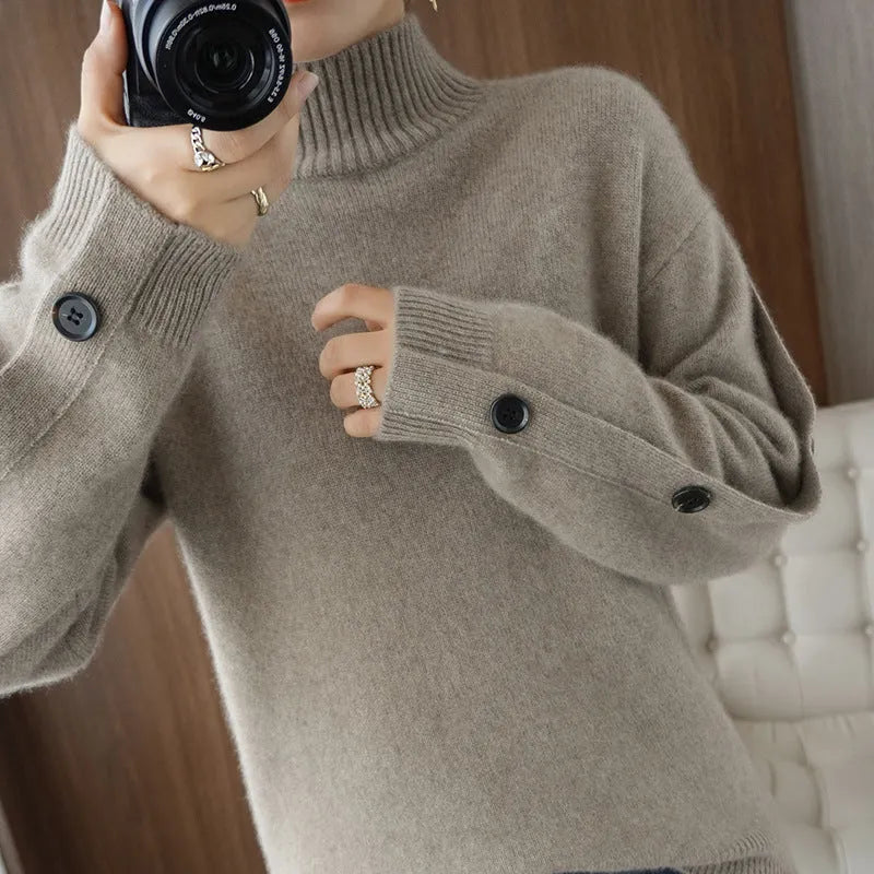Women's solid colour acrylic knitted base layer top in brown, long sleeve crew neck style on a neutral background