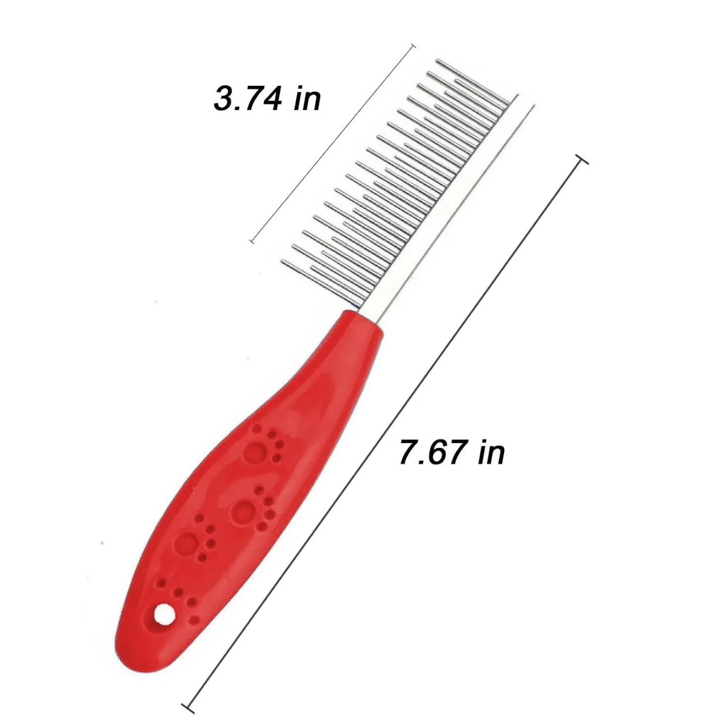 Red pet grooming comb with stainless steel pins, showing both long and short teeth on a plastic handle.