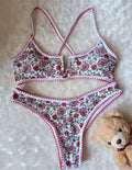 V-neck floral printed polyester swimsuit for women in briefs cut