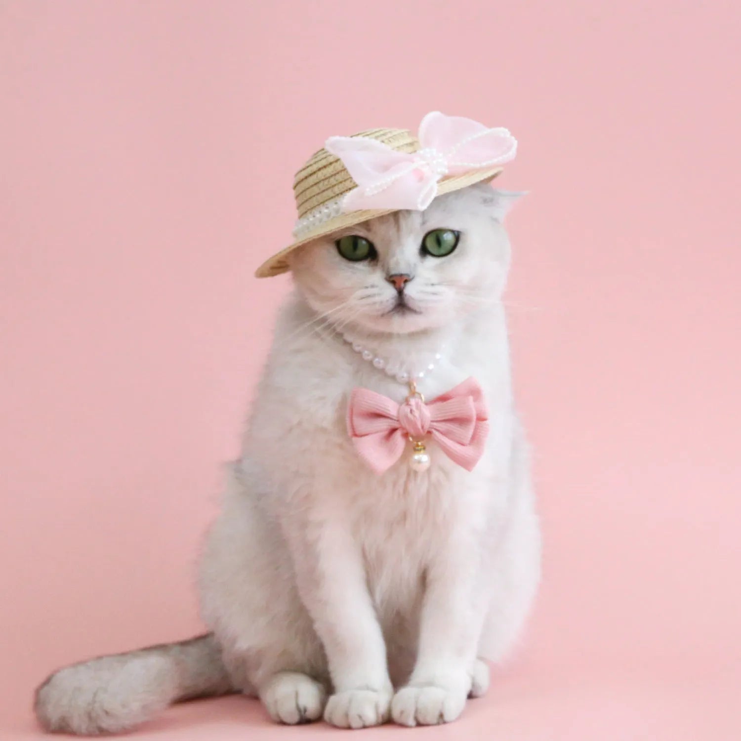 Woven straw hat for a cat with a large central pearl bow, available in blue, pink, purple, and white.