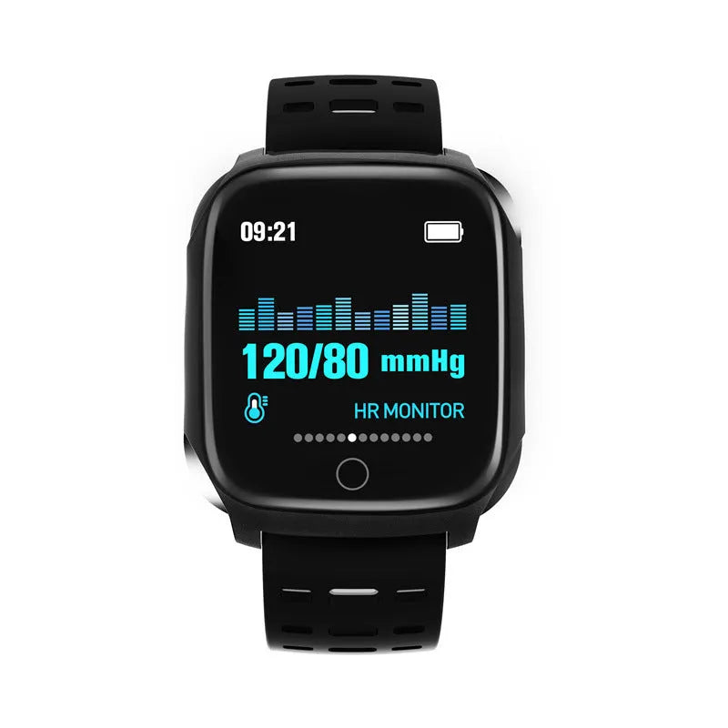 F16 smart watch with ECG and blood pressure monitoring on wrist, showing black watch body with coloured silicone strap