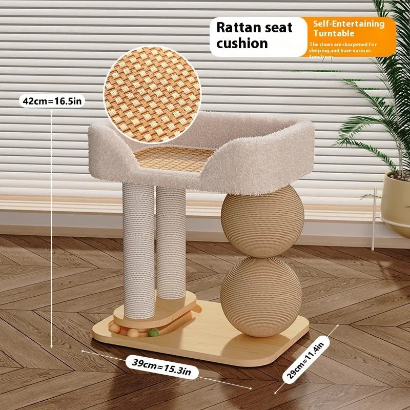 Pine wood cat nest with sisal scratching surfaces and double-ball design for feline play and rest