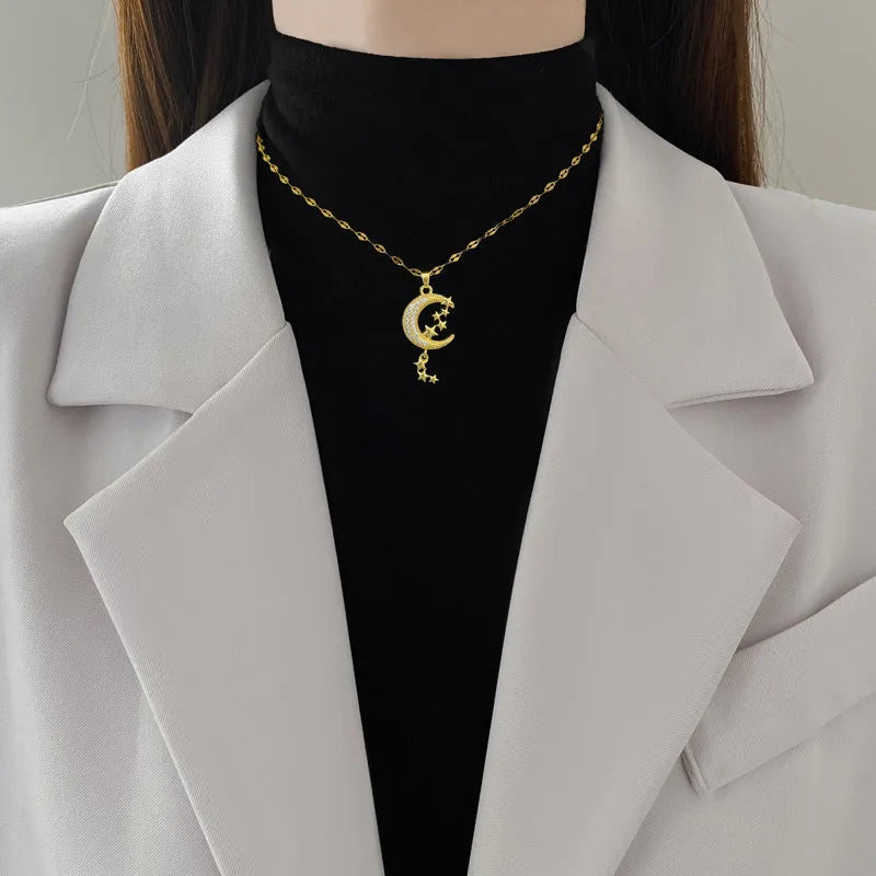 A218 stainless steel necklace with copper geometric moon pendant and diamond detailing