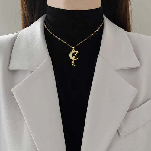 A218 stainless steel necklace with copper geometric moon pendant and diamond detailing