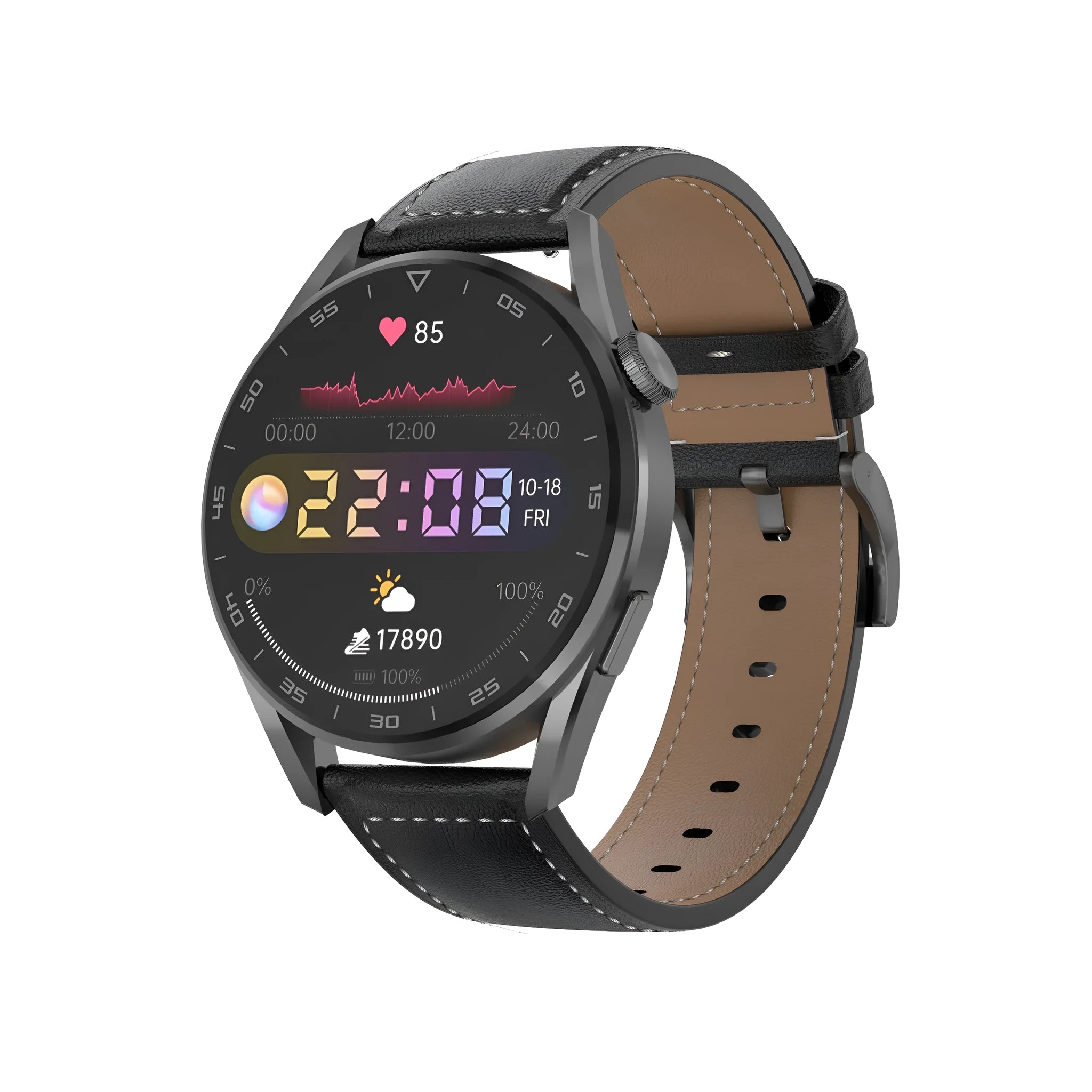Bluetooth smart watch with 1.3 inch IPS touchscreen and metal wristband in black leather colour