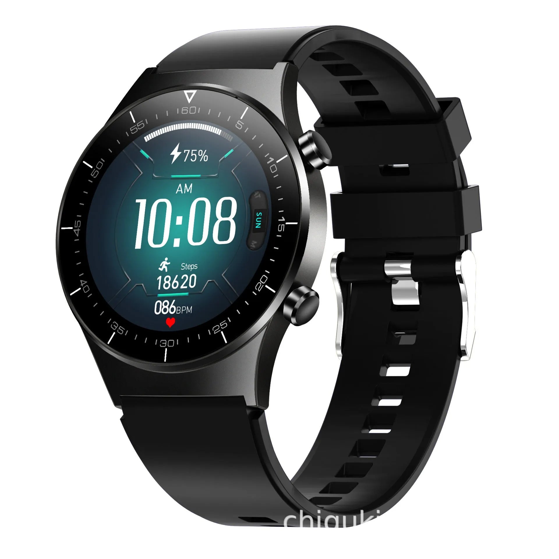 Black smart watch with astronaut bracelet design showing 1.3-inch touch screen displaying heart rate data
