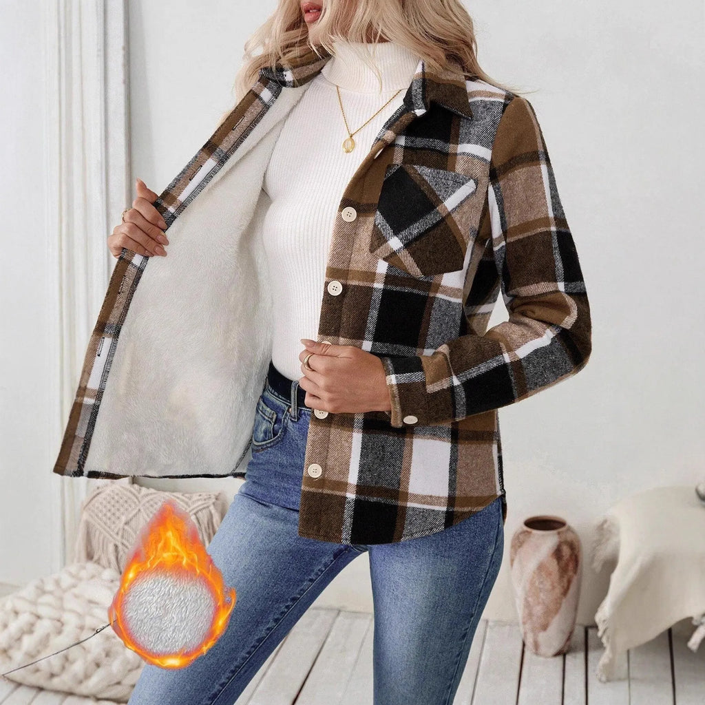 Woolen woven plaid button shirt collar jacket top in brown, with pockets, medium thickness polyester fabric, casual style