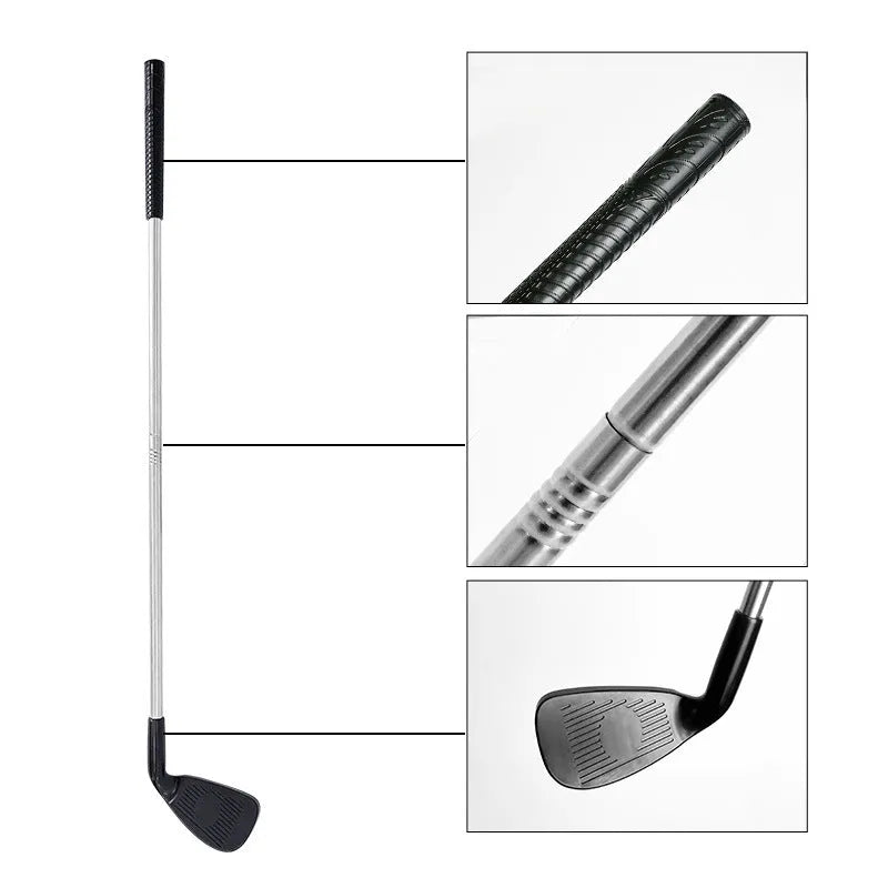 Metal golf club set showing adult and children's colour options for outdoor sports use