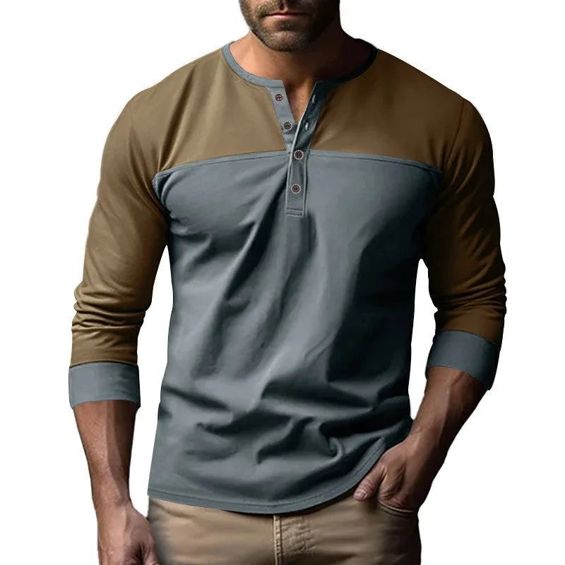 Men's long-sleeve henley collar casual shirt in a retro colour-block design