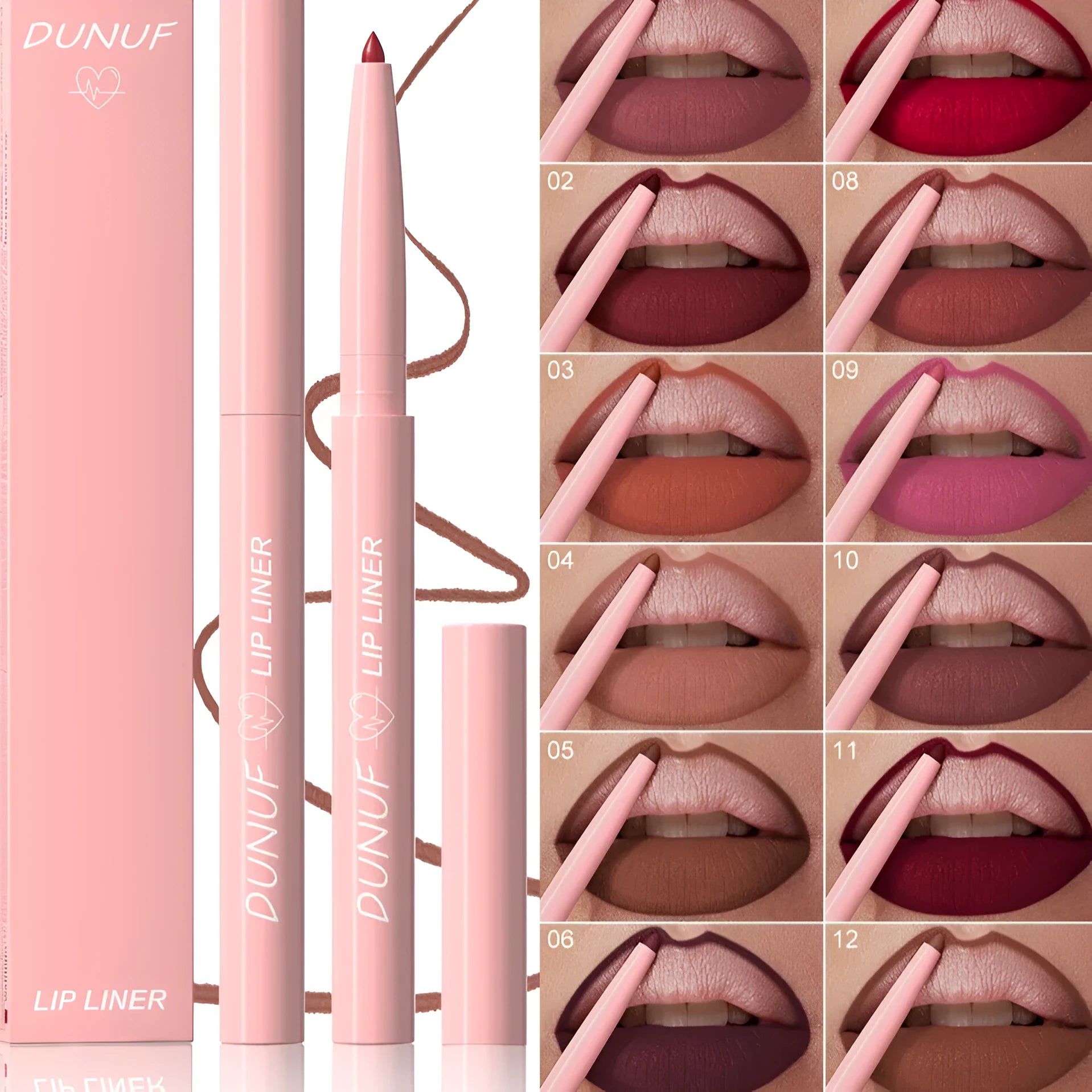 A single velvet matte lip liner pencil shown with a swatch of its colour, representing one of 12 available shades.