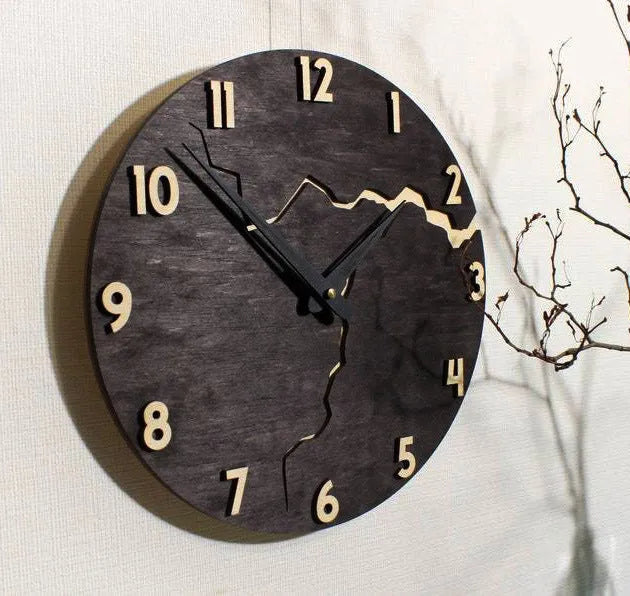 Wooden wall clock with creative crack design in natural finish, modern style for home decor