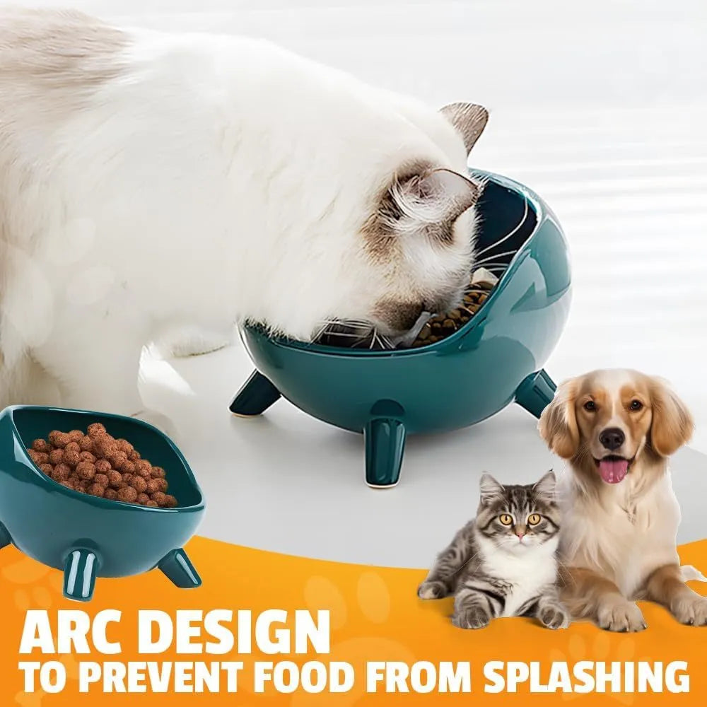 Green ceramic pet bowl with four legs and wide-mouth design for cats and small dogs