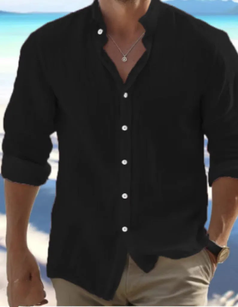 Men's long-staple cotton summer beach shirt in light grey with button front and casual pullover style