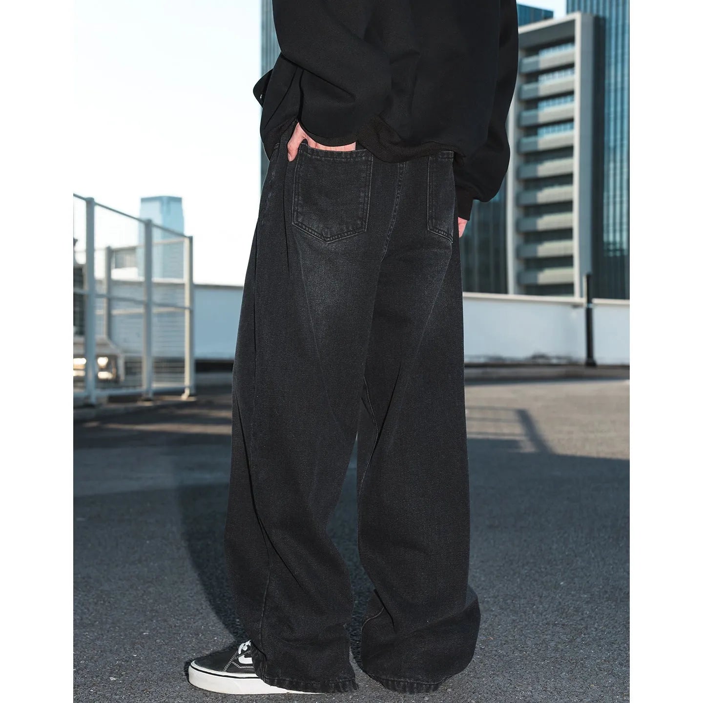 Men's vintage washed distressed straight loose jeans in black, mid waist button fly, cotton blend fabric