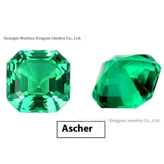 Synthetic cultivated emerald gemstone in Columbia green treasure colour showing round and grandmother cut options