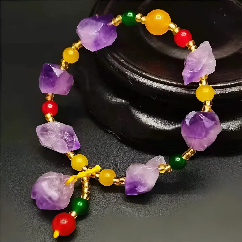 Natural shaped amethyst bead bracelet with fu character pendant for women's romantic styling