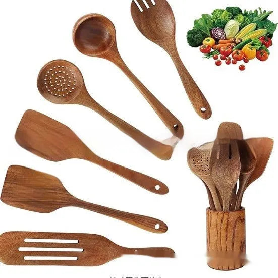 Seven-piece wooden kitchen utensil set containing a large spoon, spatula, and soup ladle.