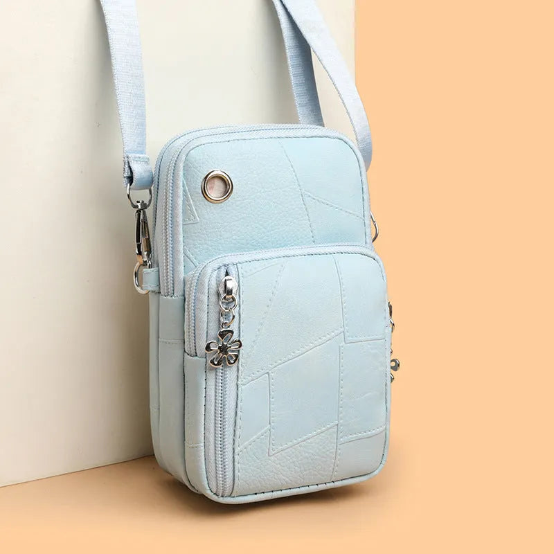 Mini vertical square PU phone bag with sandwich pocket in brown, front view