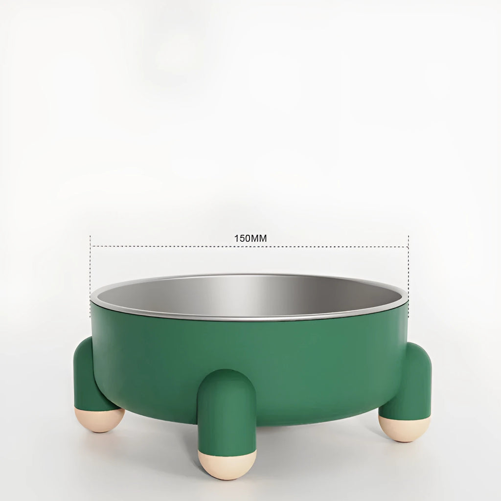 Non-slip stainless steel pet food bowl with high foot in green, pink, and white colour options