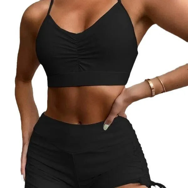 Purple and black women's high waist bikini swimsuit set on a mannequin.