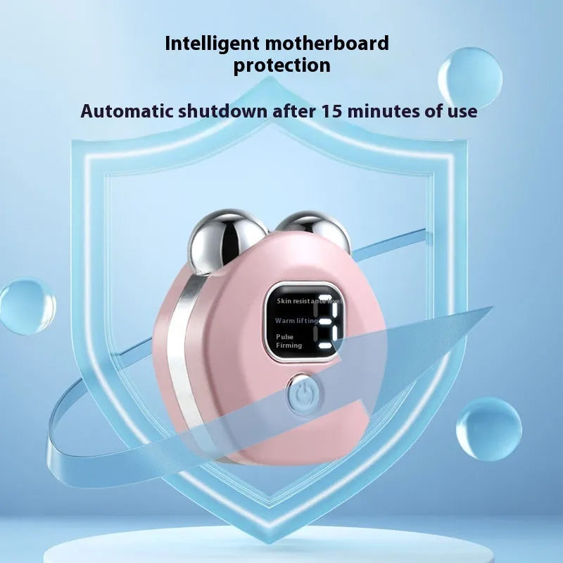 Portable white hot compress micro current facial massage instrument with double-roller head on a table.