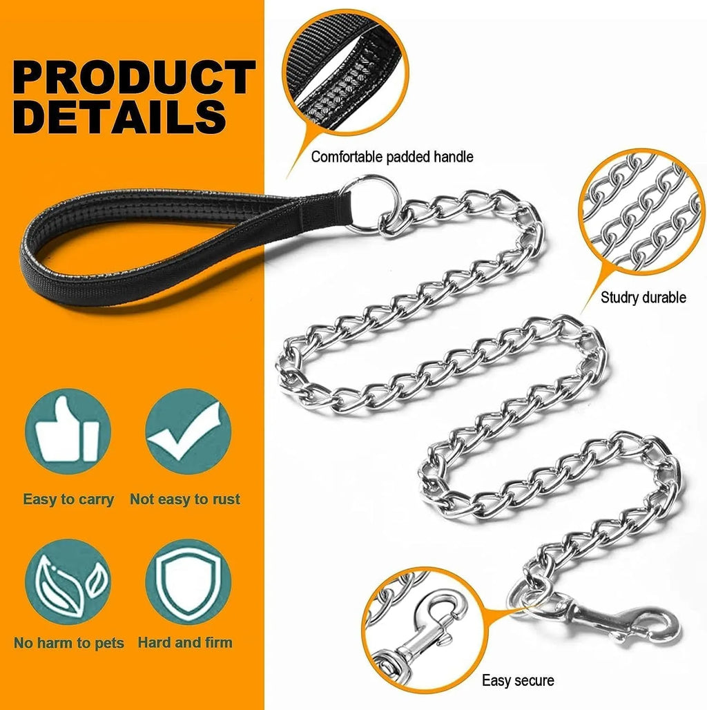 Heavy duty metal dog leash chain with soft black padded handle, shown with red collar attachment.