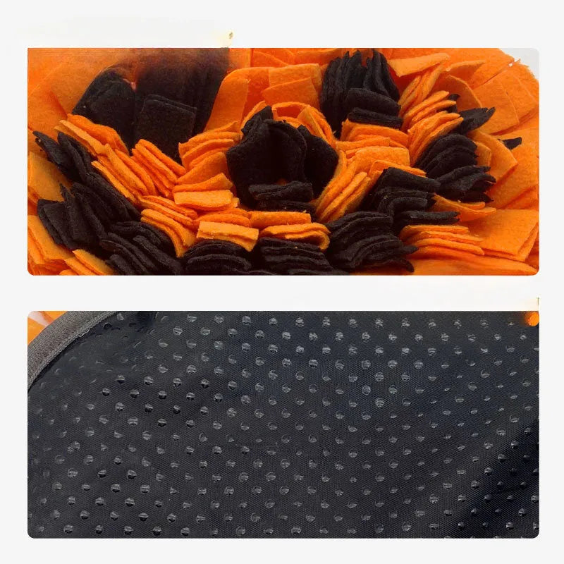 Orange pumpkin-shaped dog sniffing mat with textured fur surface for slow feeding.