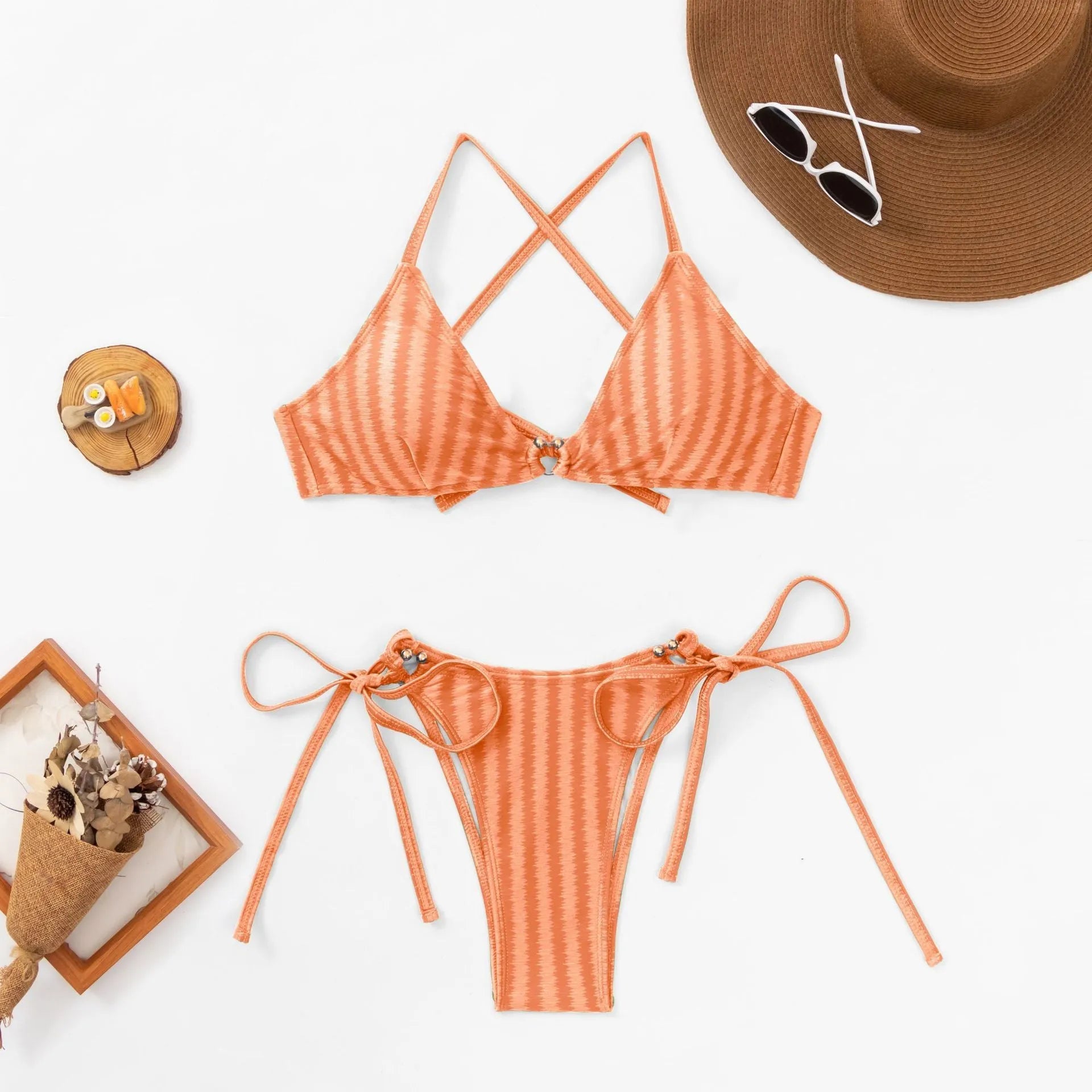Women's red jacquard lace-up bikini set with backless top and brief-style swim bottoms