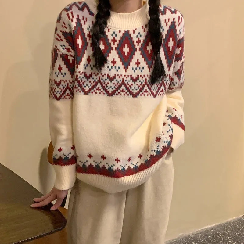 Loose red and white striped retro-style pullover knitted top with long sleeves