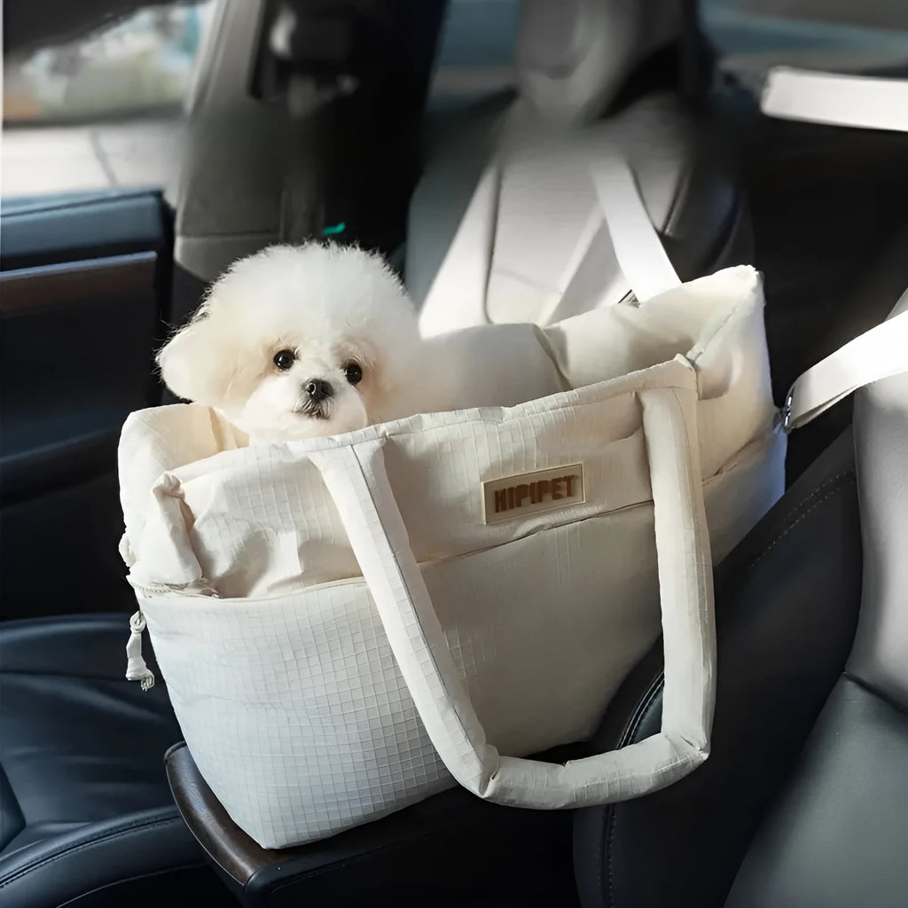 Dog car seat pet carrier with adjustable safety leash, soft cushion, beige design, for small dogs up to 10 pounds