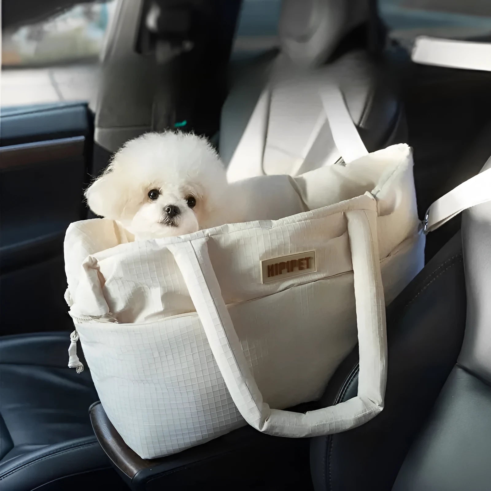 Dog car seat pet carrier with adjustable safety leash, soft cushion, beige design, for small dogs up to 10 pounds