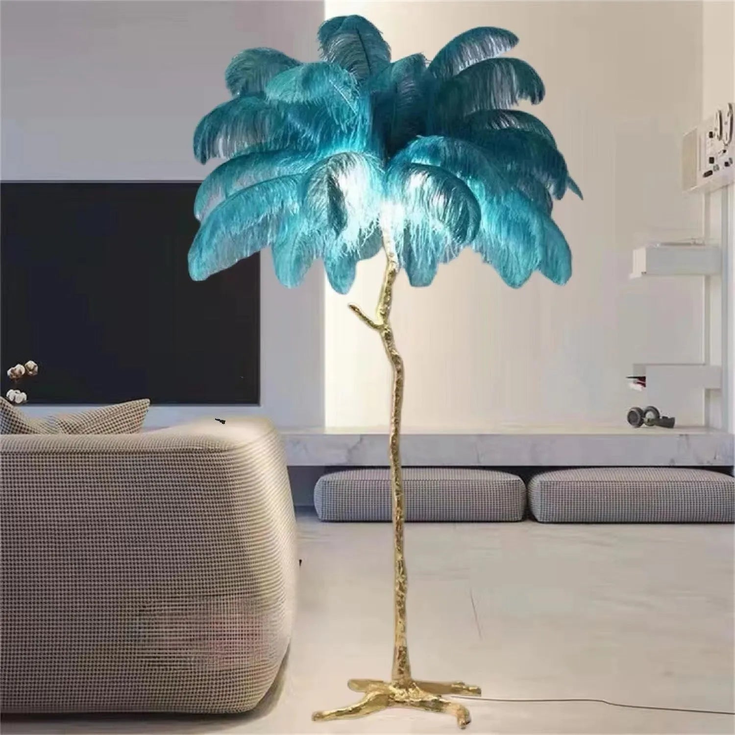 Tall resin feather floor lamp with a choice of white, pink or dark green feathers on a substantial base.
