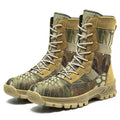 Men's black and camouflage high-top combat boots with mesh upper and totem detail.
