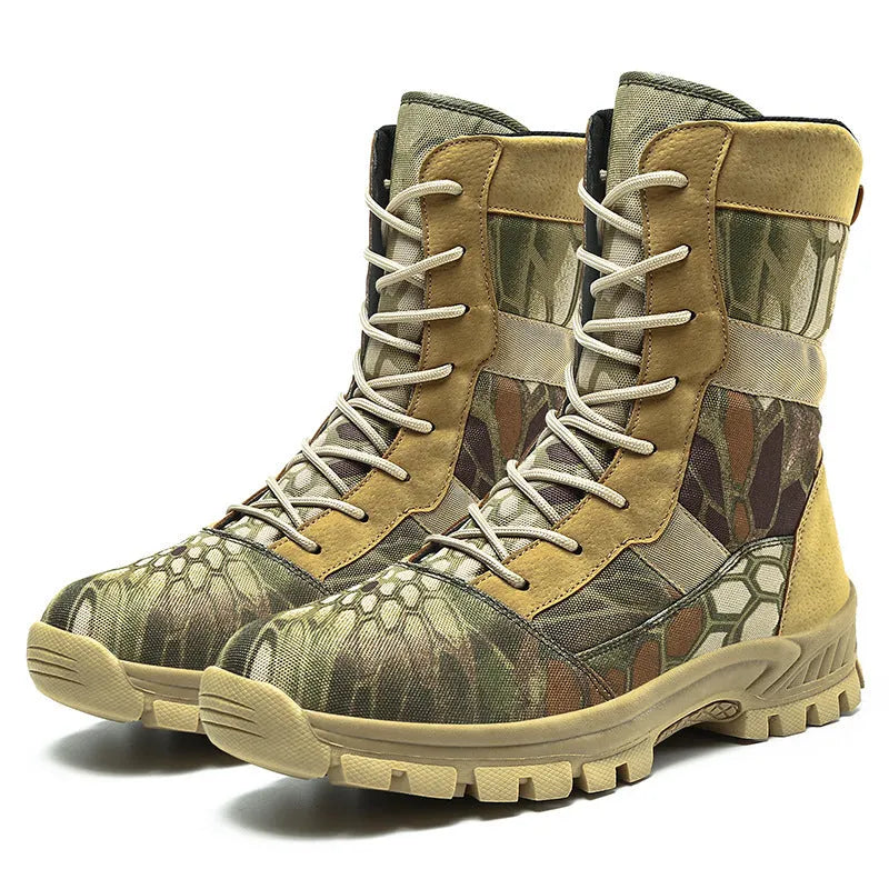 Men's black and camouflage high-top combat boots with mesh upper and totem detail.