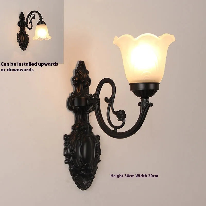 European-style American wall lamp with zinc alloy body and glass lampshade, black double head, mounted on wall in corridor
