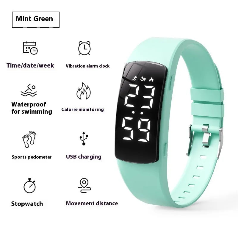 Vibration alarm smart watch with coloured silicone strap and LED display on wrist