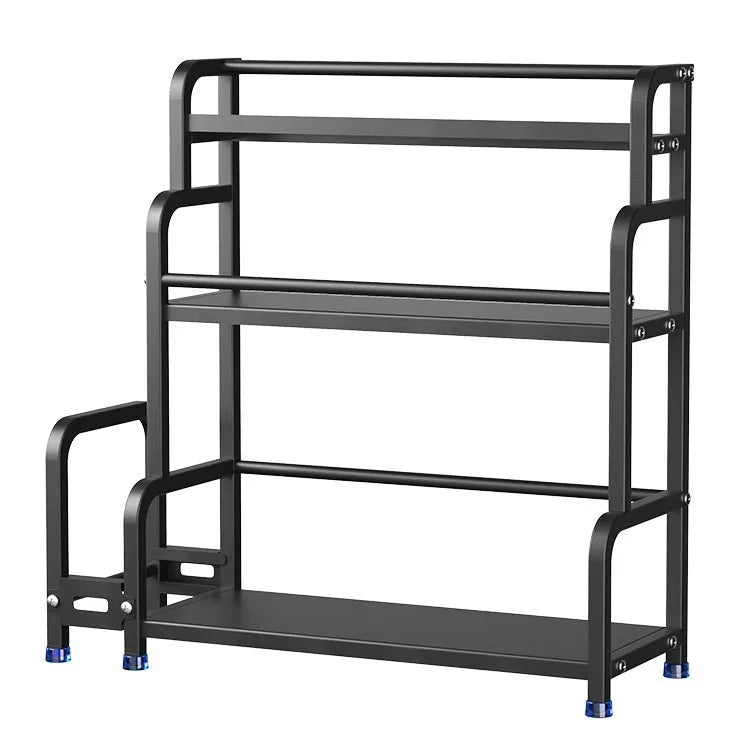 Modern no-drill carbon steel floor storage rack with knife holder and six hooks for kitchen organisation.